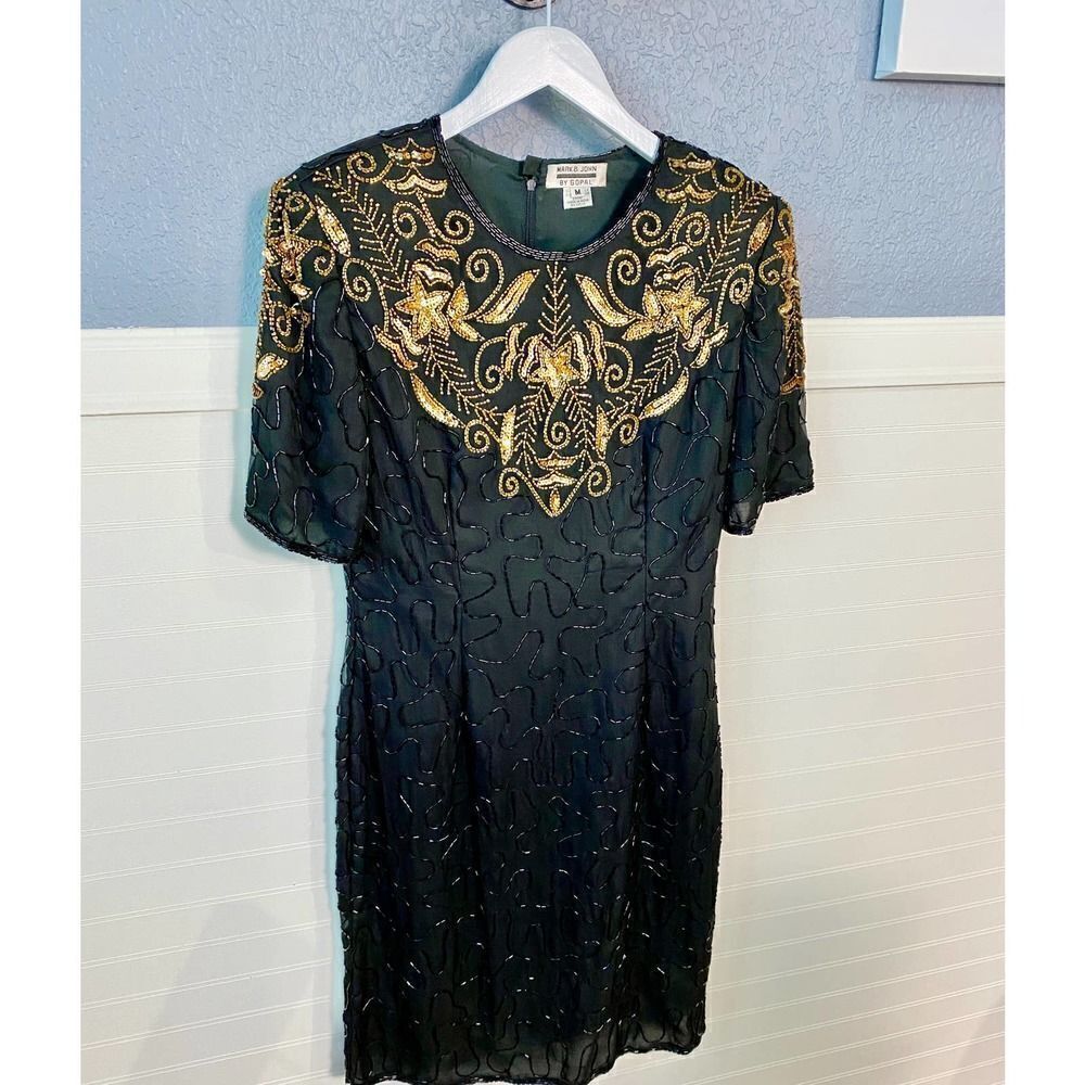 Mark & John By Gopal Black Sheer Beaded Gold Embroidered Dress Medium